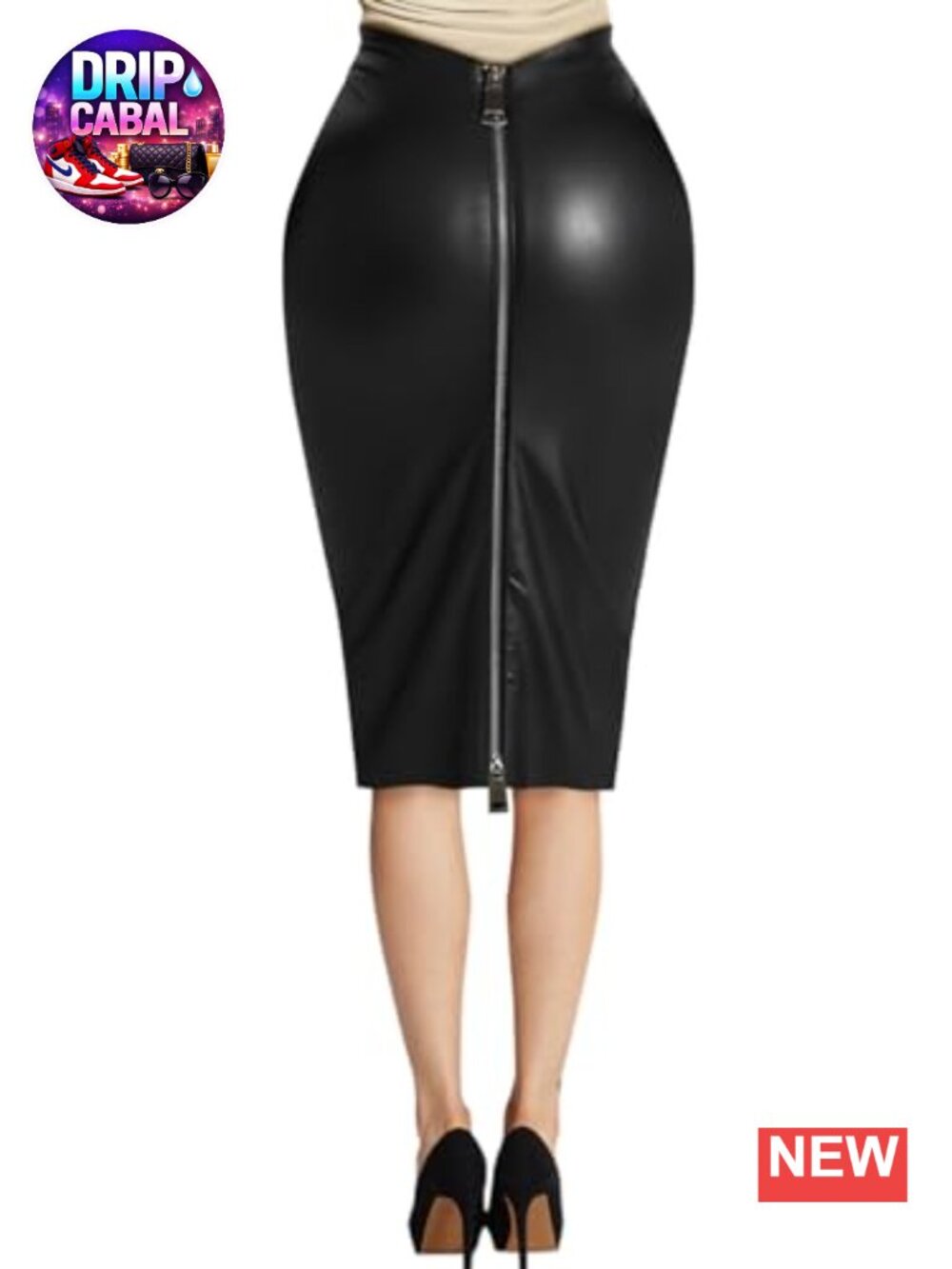 Faux Leather Pencil Skirt High Waist Midi Double Zipper